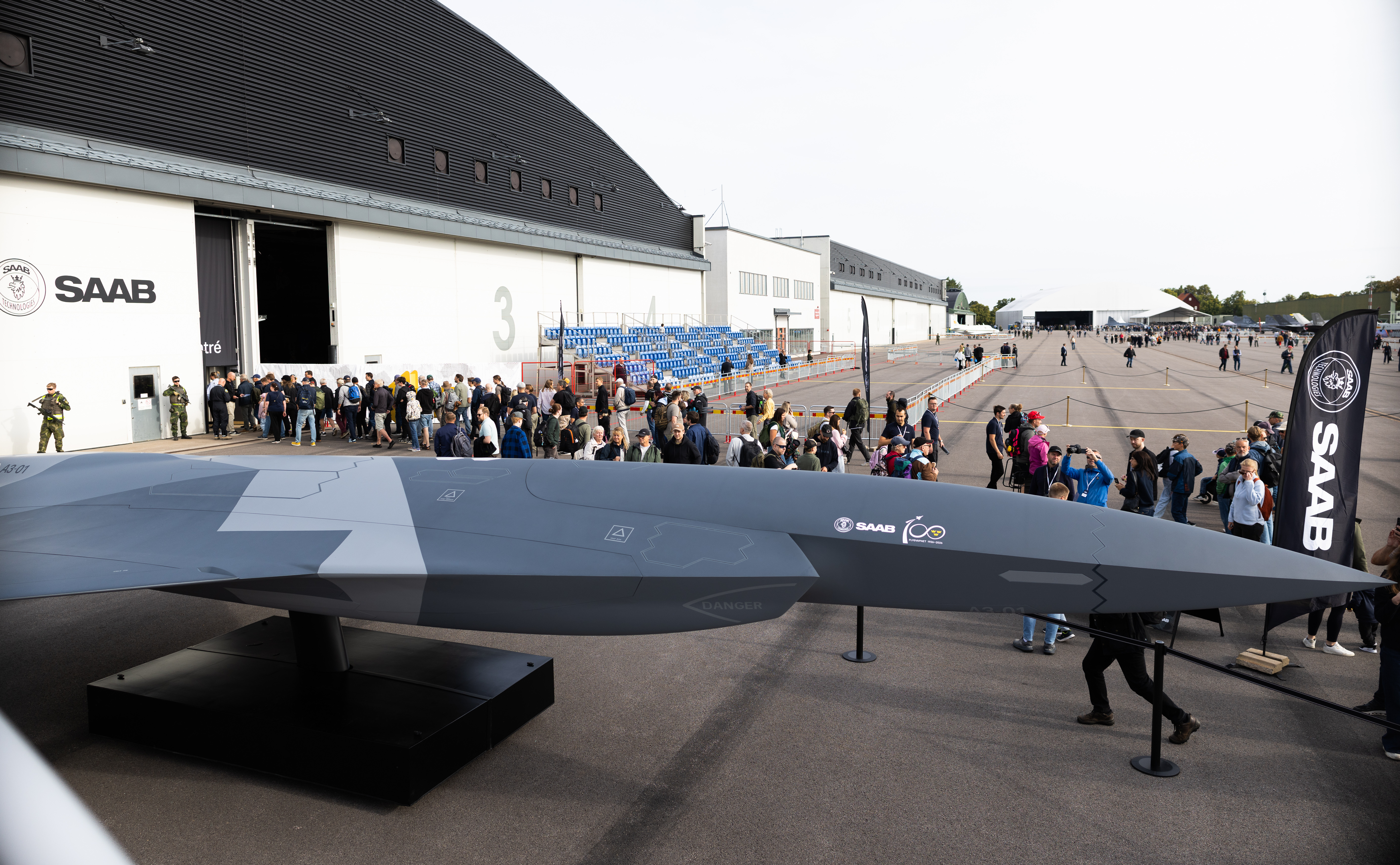 Saab A3-001 full-scale uncrewed combat aircraft concept model