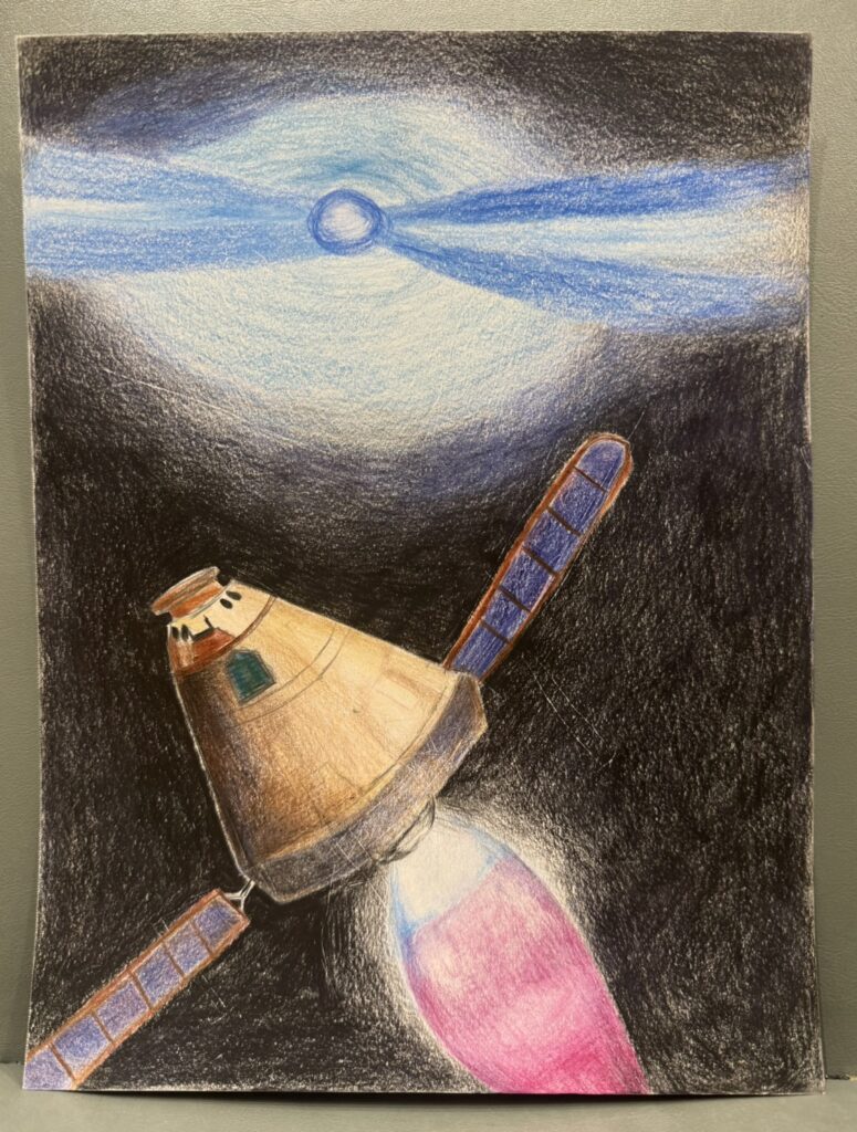 Sean 的太空畫作：太空船伸出兩片藍色太陽能板，後方是粉白色尾焰與藍白色宇宙背景。